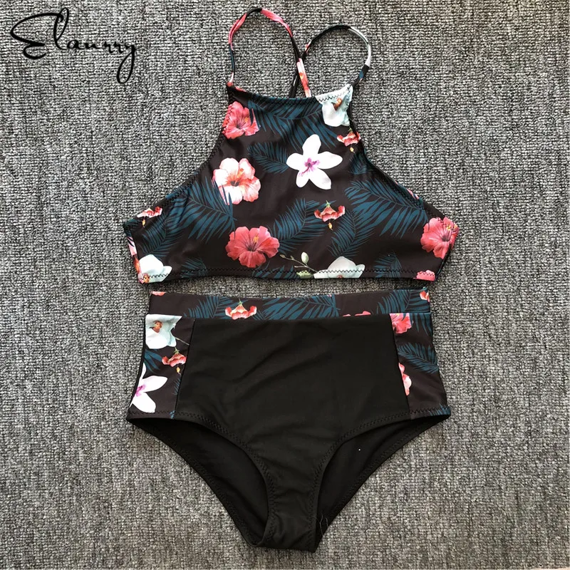 

2018 Sexy Women High Waisted Bikini Set Bandage Floral Print Swimwear High Neck Female Swimsuit Ladies Beach Wear