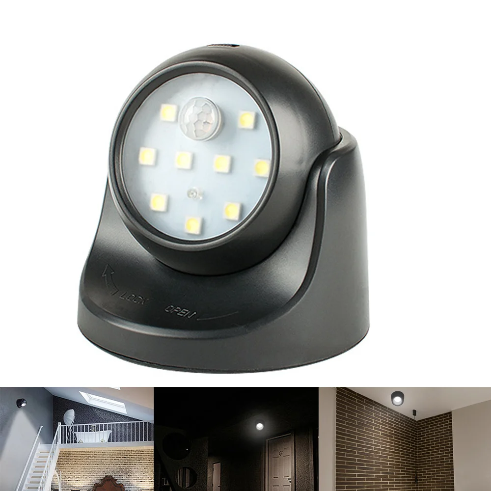 

1pc 9 Led PIR Motion Sensor Night Light 360° Auto On/Off Rotation Wireless Detector Night Light for Indoor Garden Patio Pathway