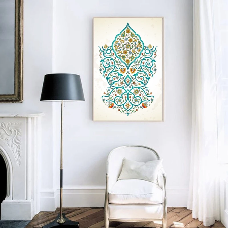 Арабская Исламская каллиграфия, картины с изображением храма Всевышнего Аллы, мусульманская Картина на холсте, Постер с бирюзовым цветочным принтом, ислам ic, украшение