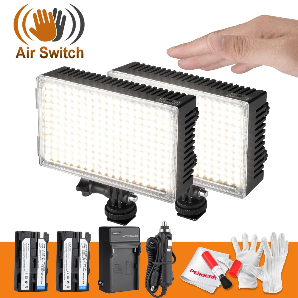 

Pergear 216 Led Video Light Air Switch Sensor Light On Camera Dimmable Studio Photo Light 3200K - 5500K + Batteries + Charger