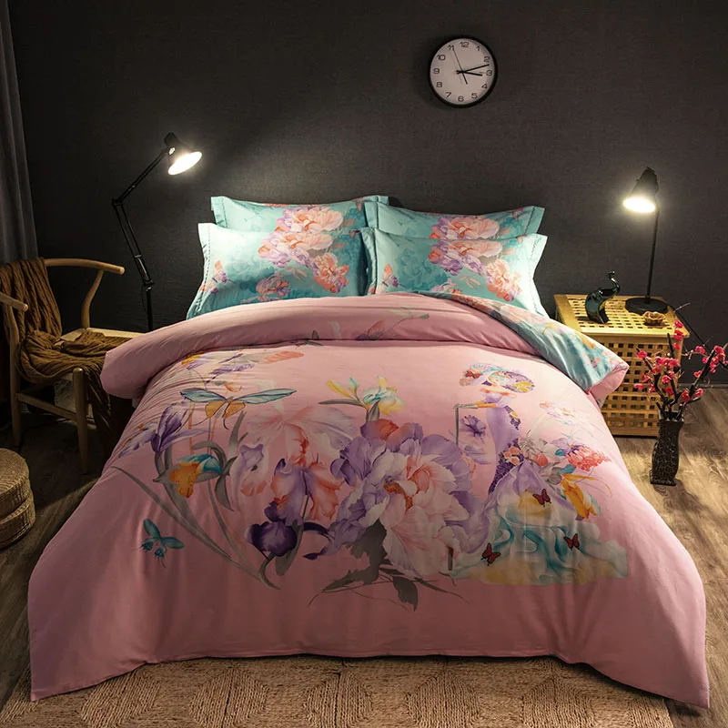 

Chinese Floral Printed Bedding Set Full Queen King Size Bedspreads Duvet Covers Cotton Woven 600TC Adults Girls Pink Turquoise