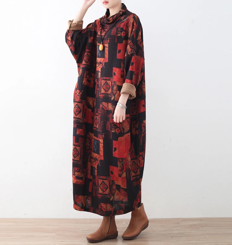 

2017 Autumn Winter Knitted Printed Dress Women Casual Cotton Robe Lady Plus Size Warm Turtleneck Causal Loose Maxi Dresses