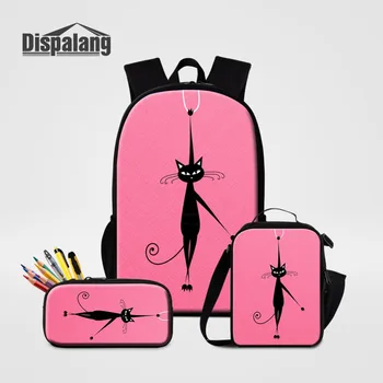 

Dispalang Abstract Cat Prints Pink 3pcs/set School Backpack Women Rucksack Cartoon Schoolbag With Lunchbag Children Pencil Case