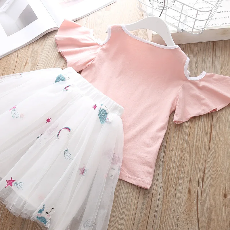Summer Children's Clothing Sets Girls Embroidered Cartoon Unicorn T-shirt And Rainbow Skirt Suit Kids Short Sleeve Clothes Sets (7)