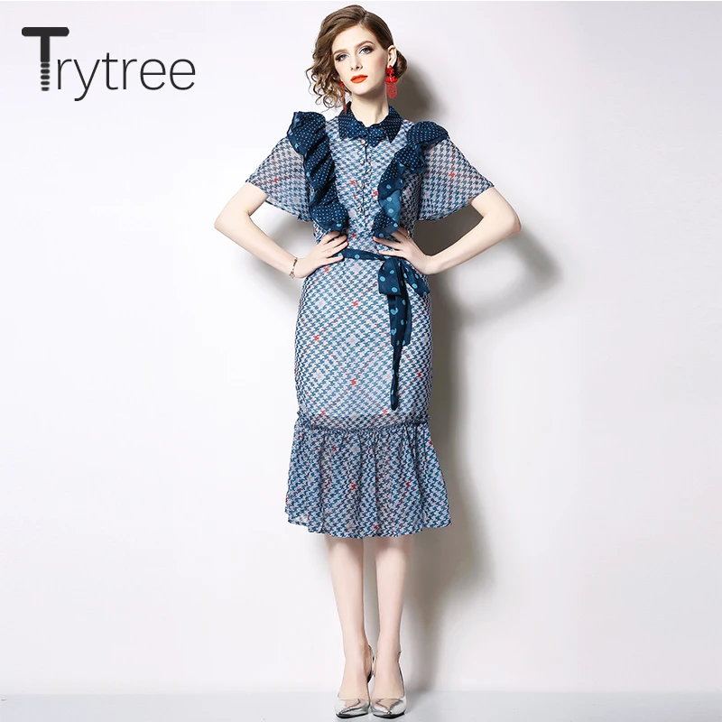 Женское Повседневное платье в горошек Trytree летнее рубашка с оборками и отложным