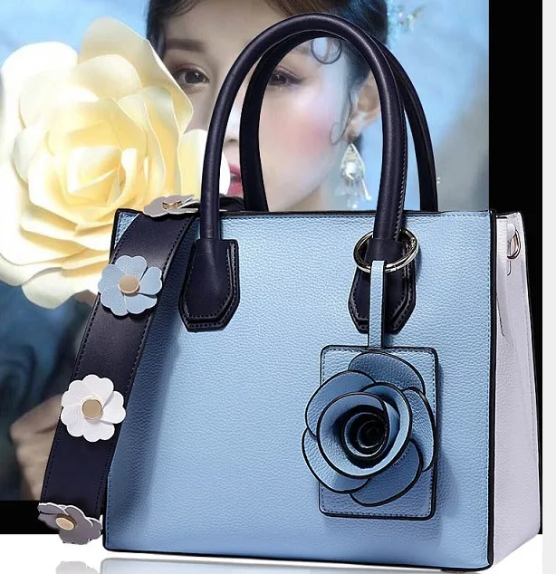 

Qiao Duo Flower Wide Strap Square Soft PU Handbag Sweet Lady Leisure All Match Handbags for Party Travelling Daily Totes