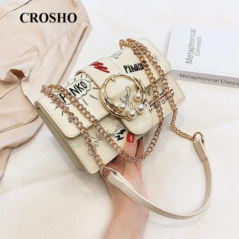 

CROSHO Women's Pearl Lock Buckle Small Square Bag Chic Chain Cross Body Bag Letter