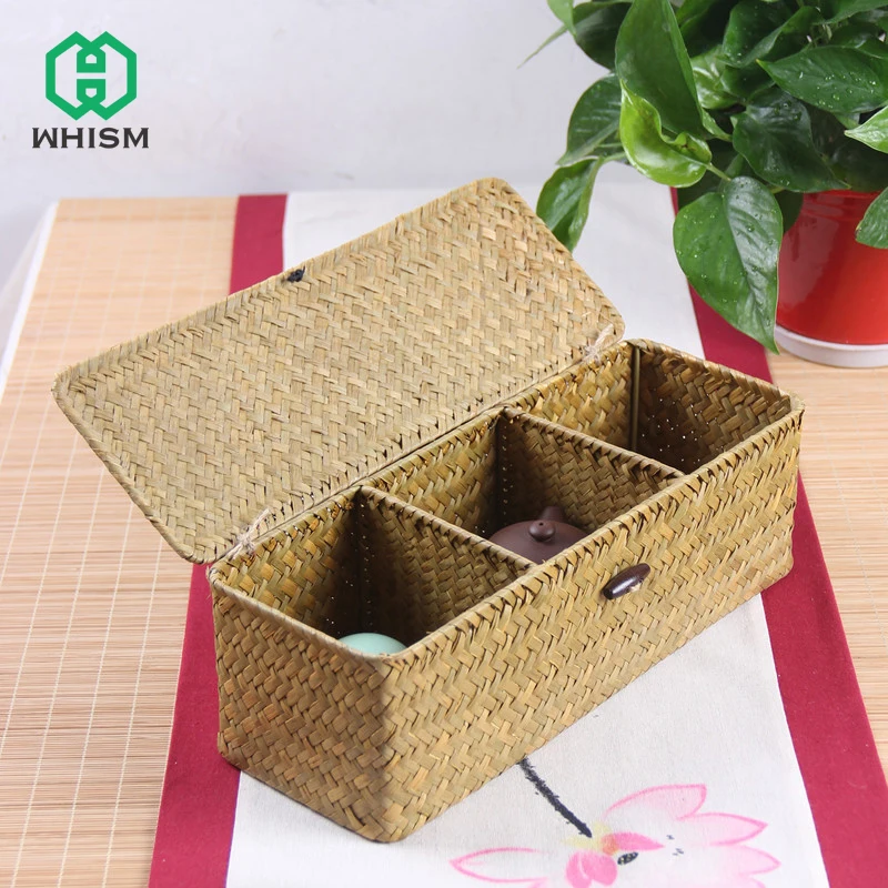 

WHISM 3 Grid Handmade Rattan Storage Box Straw Desktop Tea Set Storage Baskets with Cover Vintage Jewelry Storage Case