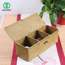 WHISM 3 rejilla hecha a mano de ratán caja de almacenamiento paja escritorio juego de té cestas de almacenamiento con cubierta Vintage caja de almacenamiento de joyería para la decoración