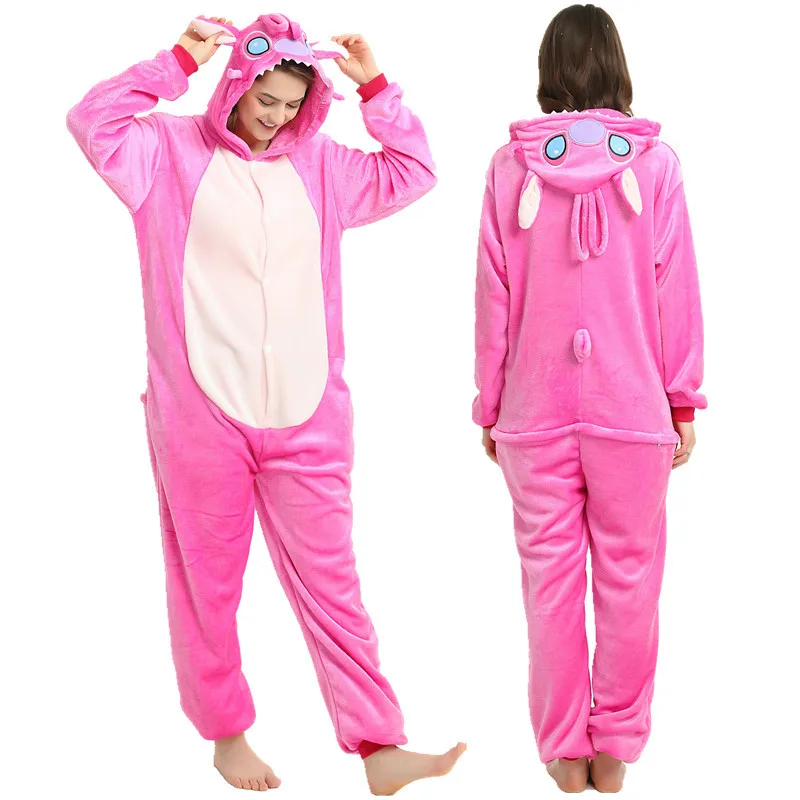 Кигуруми Onesie для женщин пижамы взрослых животных единорог пижамы мальчиков девочек мультфильм пижамы зимние теплые фланелевые пижамы с капюшоном - Цвет: pink stitch