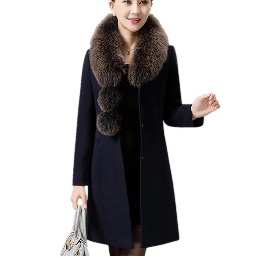 Middle-aged Women New Winter Jackets Autumn Medium long Fur collar Woolen Coat Fashion Elegant Woolen Coat Women Plus size 5xl