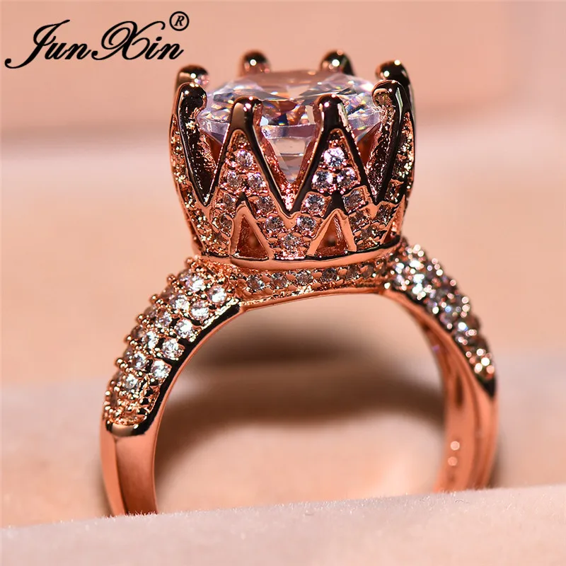 

JUNXIN Vintage Female Crystal Big Stone Round Engagement Crown Rings For Women Rose Gold Color Promise Wedding Ring Mother Gifts