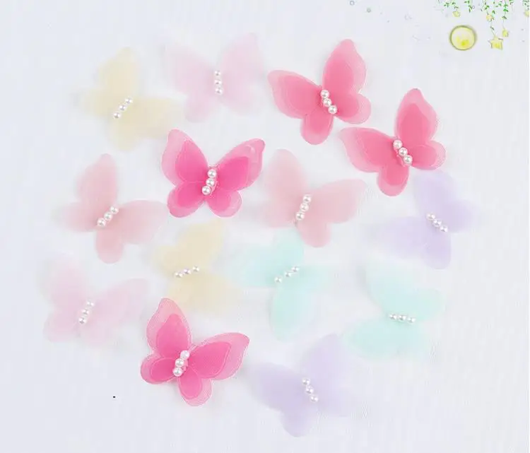 

50Pcs/Lot Handmade DIY Lace Patch Hair Clip Child Baby Jewelry Accessories Pearl Snow Yarn 3D Butterfly Bride Veil Material