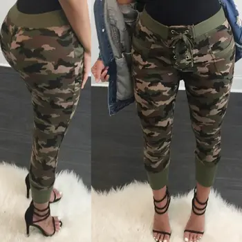 

2017 Fashion US Seller Women's High Waist Camouflage Cotton Bandage Pants Elastic Slim Army Lace-up Trousers