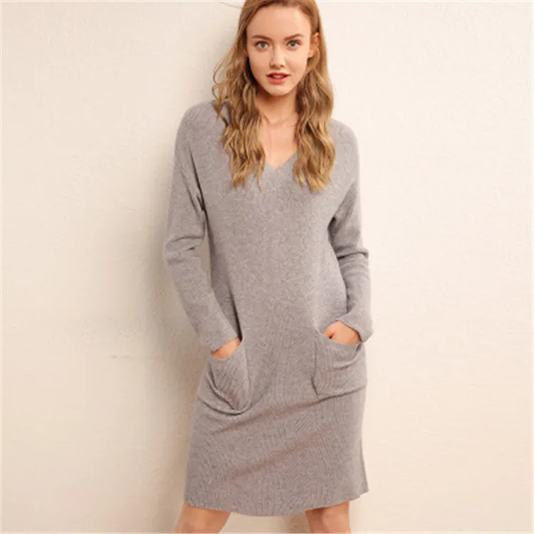 Кашемировая шерсть смешанной вязки Женская мода Vneck асимметричный подол пуловер платье свитер бежевый 4 цвета S-2XL розничная продажа оптом