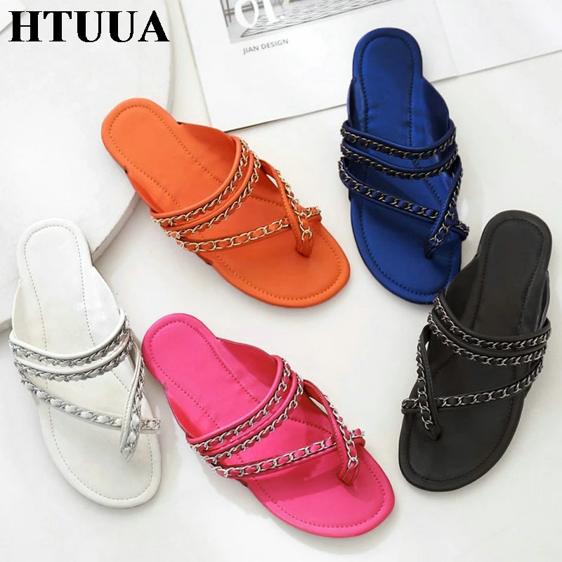 

HTUUA Brand Designer Cross Strap Chain Flip Flops Women Slippers Flat Slides 2019 Summer Shoes Woman Outside Beach Sandal SX2467