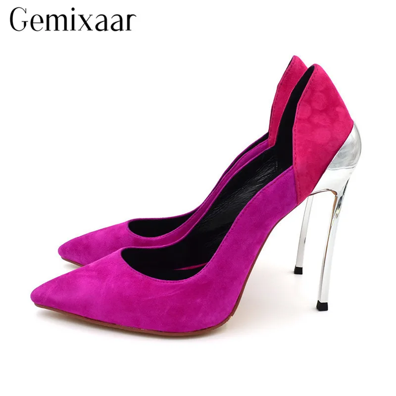 

Super High Heel Shoes Woman Sexy Suede Patchwork Pointed Toes 12cm Metal Stiletto Heel Catwalk Shoes New Chic Women Pumps