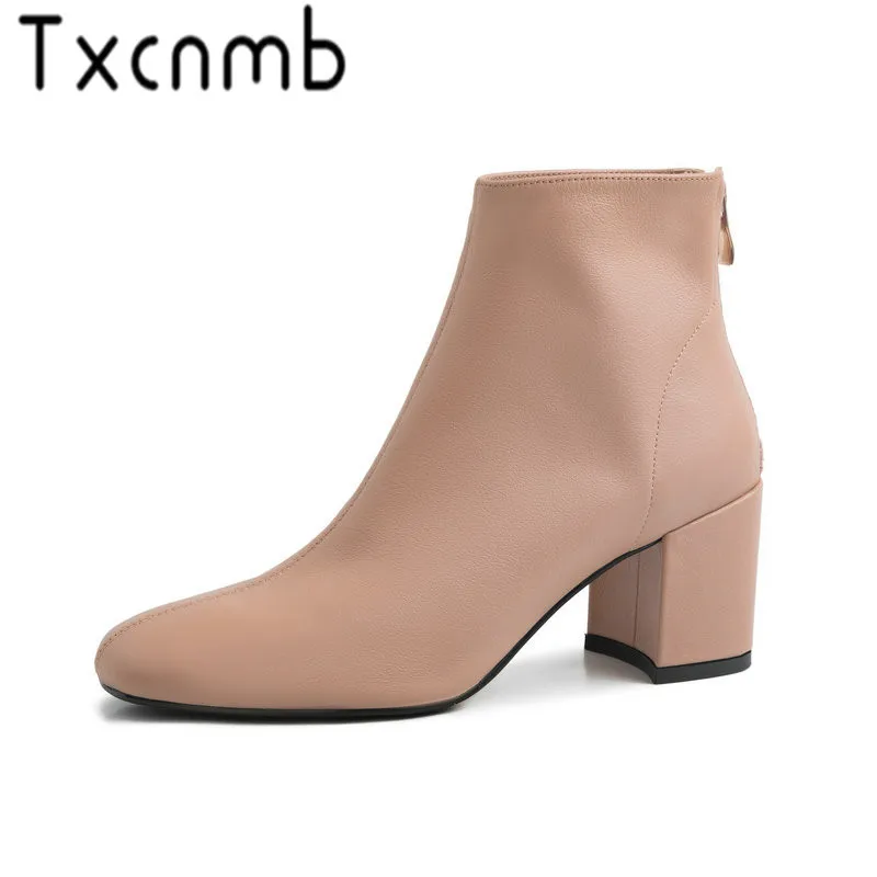 

TXCNMB 2019 Boots Women Ankle Boots for Women Winter Genuine Leather High Heel Pointed Toe Shoes Woman
