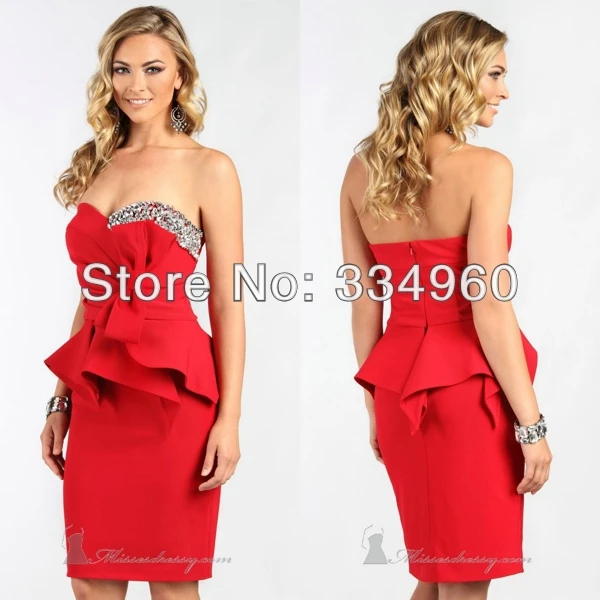 Sexy Sweetheart Neckline Pleat Short Red Rhinestone Peplum Dress Bow Column Cocktail Dresses Party Gowns | Свадьбы и торжества