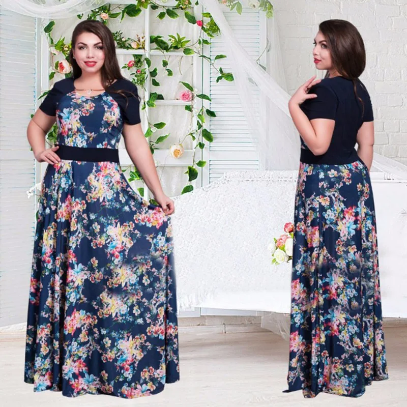 Big size 6XL 2016 Fat MM Woman dress Summer short sleeve printing big