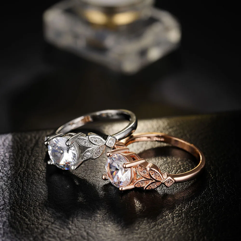 Свадебные кольца с кристаллами серебряного цвета, обручальные кольца с листом, золотого цвета, кубический циркон, модное кольцо, роскошный бренд, бижутерия для женщин, ювелирные изделия