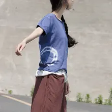 Лето Для женщин ручной окрашенный вручную Вязание футболка с О-образным вырезом короткий рукав свободные рубашки D625