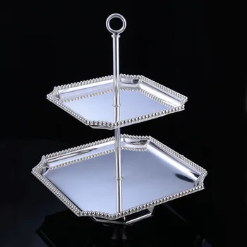 

3099 2 layer metal cake stand square plate silver plated dessert pan wedding / home decoration