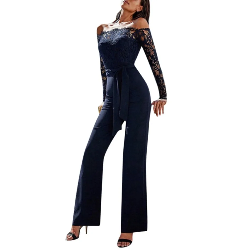 

Ladies Casual Off Shoulder Lace Jumpsuit Backless With Belt Bodysuit womens rompers summer casual sexy bodys mujer verano 15#