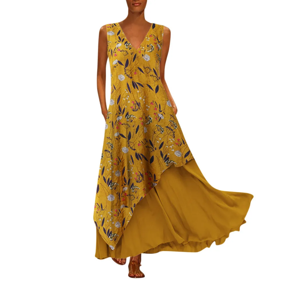 2019 летнее женское Ретро пляжное сексуальное платье с v-образным вырезом, плюс размер, пляжное платье без рукавов, длинное красивое пляжное