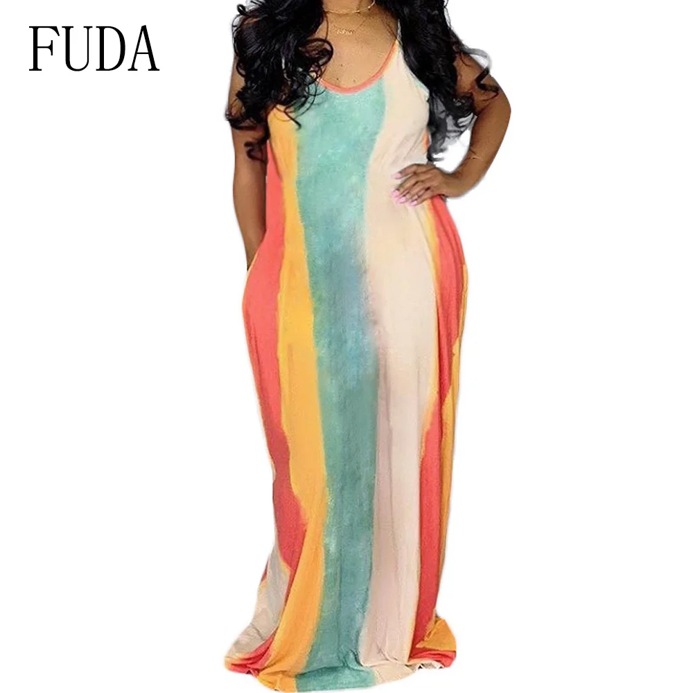 

FUDA Summer Clothes for Women Sexy Sleeveless V Neck Loose Dresses Casual Vintage Boho Striped Long Dress Femme Beach Party Wear