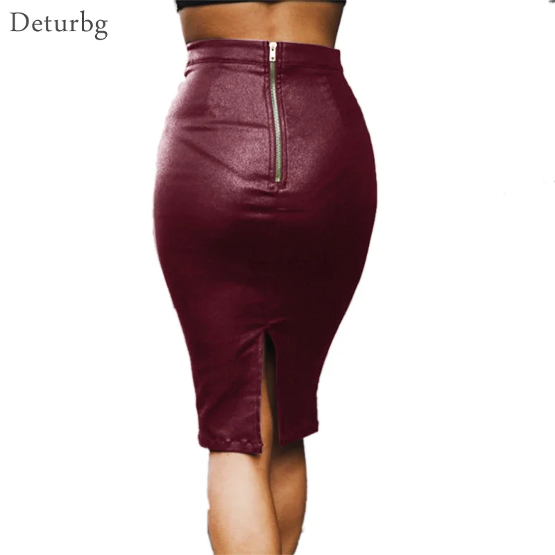 

Women Sexy Back Zipper Knee-length Skirt Female High Waist Flocked Faux Leather PU Bandage Splits Pencil Skirt 2018 Winter SK247