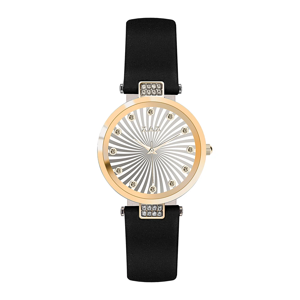 

XAX Branded Watches Women Rose Gold Plated Black Leather Band Stones Case