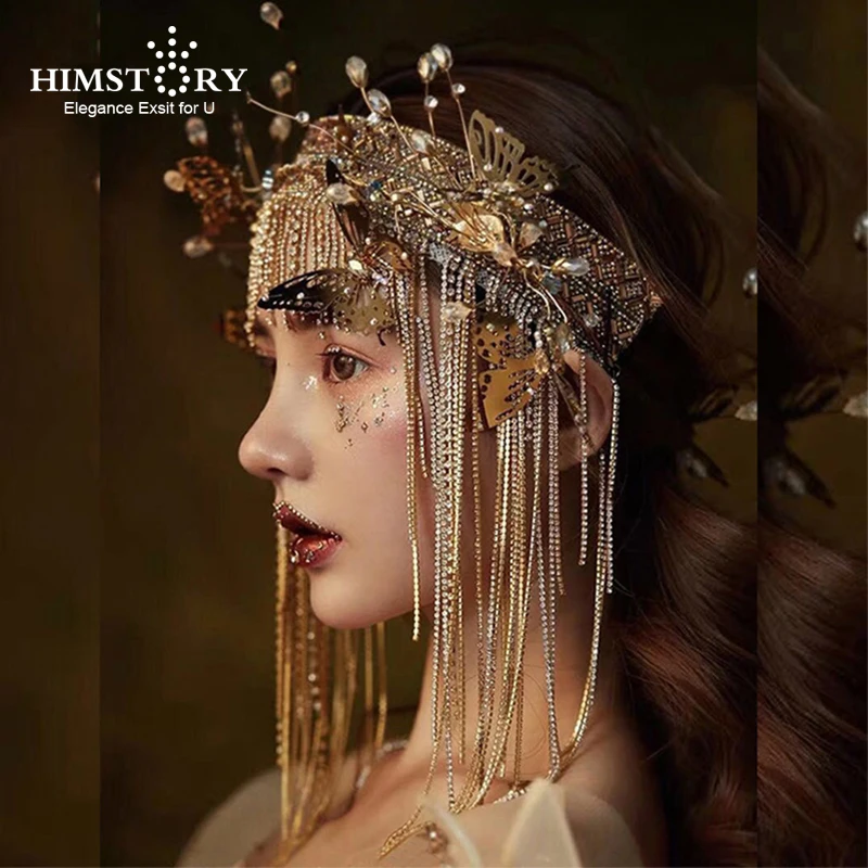 HIMSTORY Retro Baroque golden butterfly tiara handmade bride headdress hairband Party Prom Pageant Gold Tassel Hair Accessorie