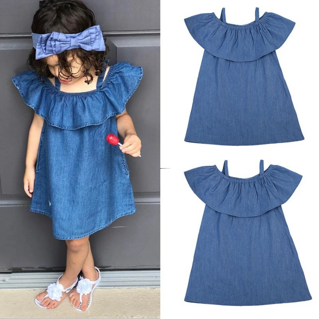 Kids Baby Girls Denim Dress Off Shoulder Princess Party Pageant