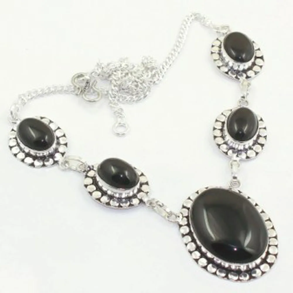 

Black Onyx Necklace Silver Overlay over Copper, 47.5cm , N3550
