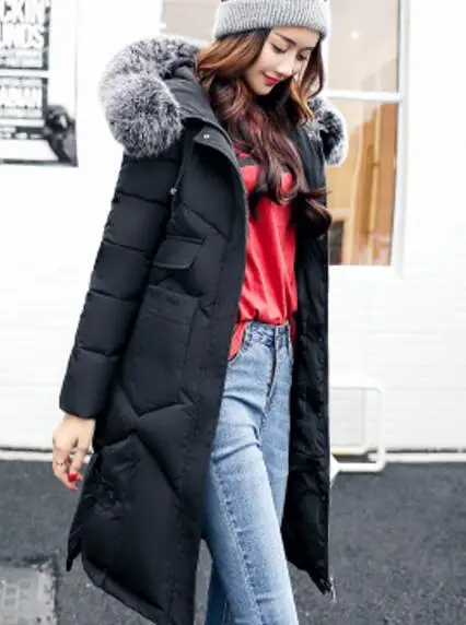 Высококачественная теплая плотная женская зимняя куртка с меховым капюшоном, хлопковое Женское пальто, длинная парка, верхняя одежда, женские парки - Цвет: Черный