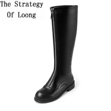 Женские ботинки из натуральной кожи; сезон осень-зима; модные женские сапоги до колена с круглым носком и боковой молнией; большие размеры 41