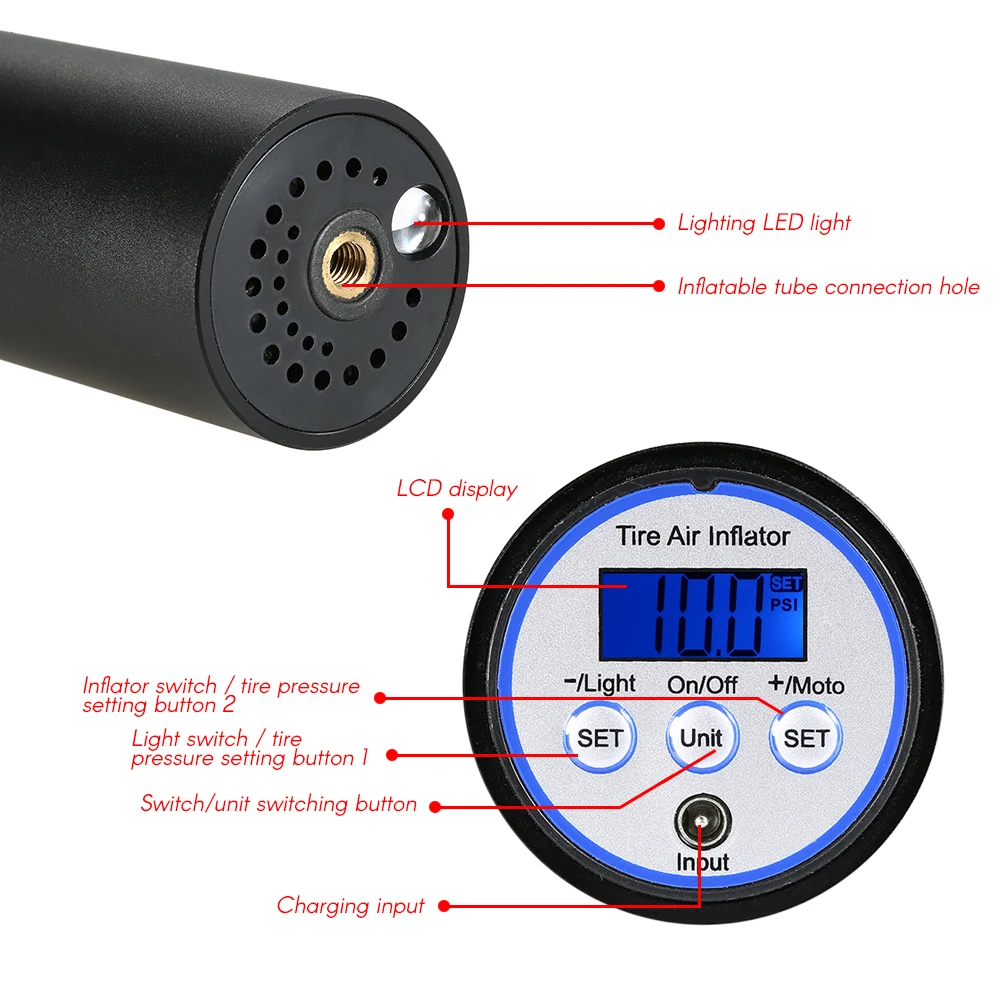 Portable Air Compressor Mini Inflator Handheld Air Pump Electric Ball Pump LCD Display with LED lighting for  Ball Bicycle Car Tire