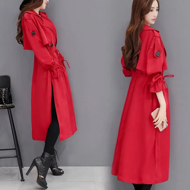 Модный элегантный длинный женский плащ размера плюс 3XL, Красная тонкая ветровка, весеннее женское двубортное офисное пальто C4292