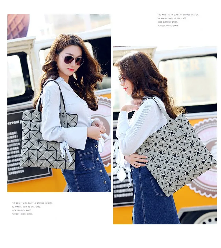 Deformable Women Handbag Geometry Quilted Plaid Mosaic Sequins Mirror Shoulder Tote Bag BaoBao Lattice Laser Foldable PU Bag (10)