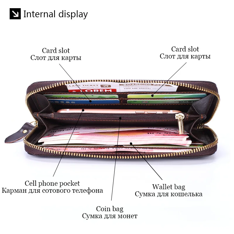 GENODERN мужской кошелек из натуральной кожи на молнии, Длинный кошелек, клатч, держатель для карт, с карманом на молнии