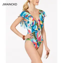 JWAINCKD Глубокий V купальный костюм для женщин с цветочным принтом Сплошной Цельный купальник с поролоном с оборками на плечах купальный