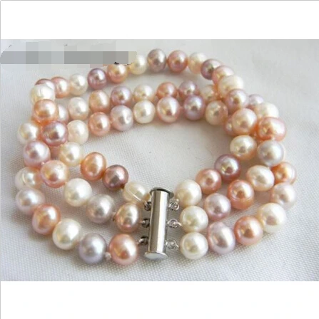 

3Strands 8'' 9mm White Lavender Pink Round Freshwater Pearl Bracelet@^Noble style Natural Fine jewe SHIPPING 5.25