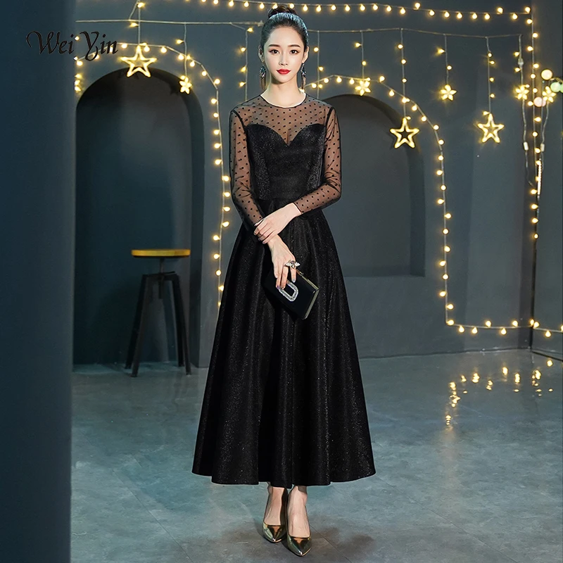 

weiyin Elegant Evening Dresses Long 2019 New Ankle-length Champagne Formal Dress Zipper Long Sleeves Tulle Evening Gowns WY1444