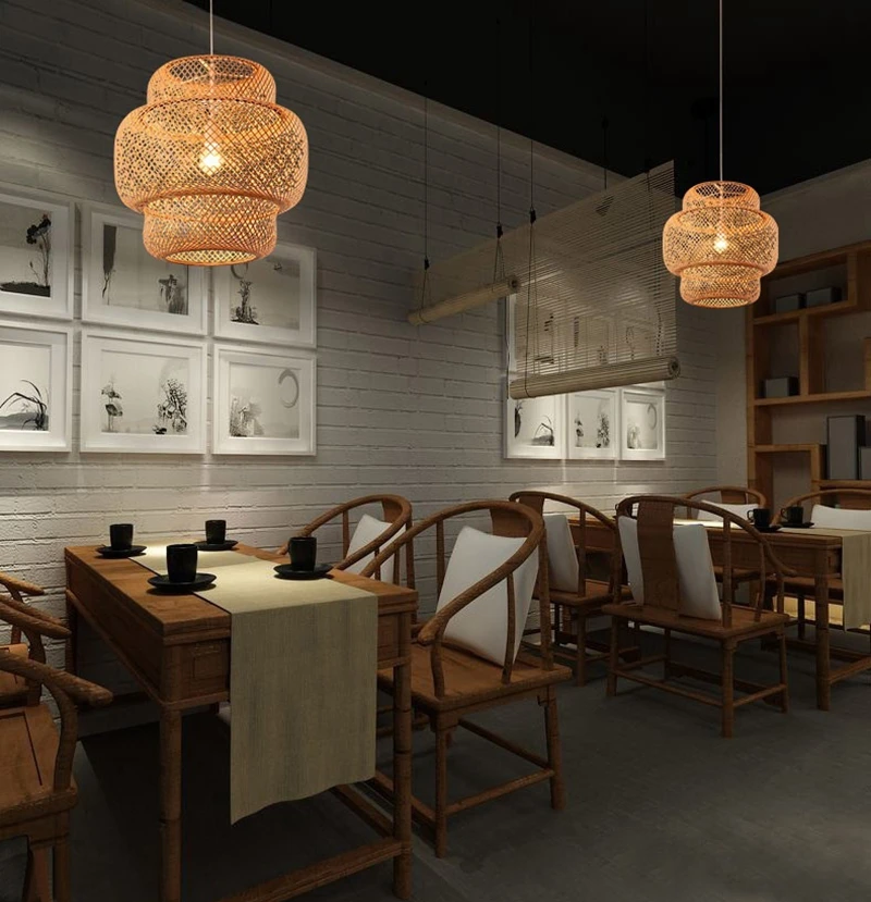 Novelty Japanese Style Hand Knitted Bamboo Pendant Lamp Modern Wood Decoration for Hotel Restaurant Cafe Bar Study Home Lighting (6)