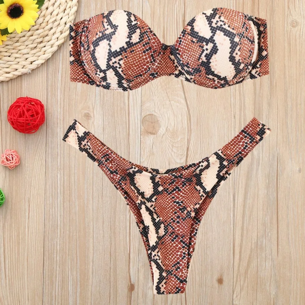 

Bikini Set Women Leopard Print Tube up bandeau Padded Push Up Underwire Swimwear Beachwear maillot de bain bandeau 35#