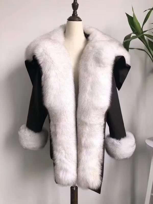 

Real Fur Women Warm Parka Winter Big Natural Fox Fur Hood Down Jacket 2019 New Celebrity Lady Full Fox Fur Collar Outfit