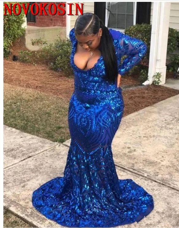 

2019 Royal Blue Mermaid Embroidered Sequin Prom Dresses New Long Sleeve Deep V Neck Illusion Plus Size Evening Dress Party Gown