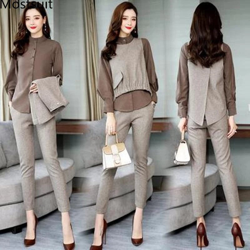 Spring Office 3 Piece Sets Women Long Sleeve Blouse+vest+pants Sets Suits Casual Korean Elegant Ladies Women's Sets Femme 2019 shorts co ord