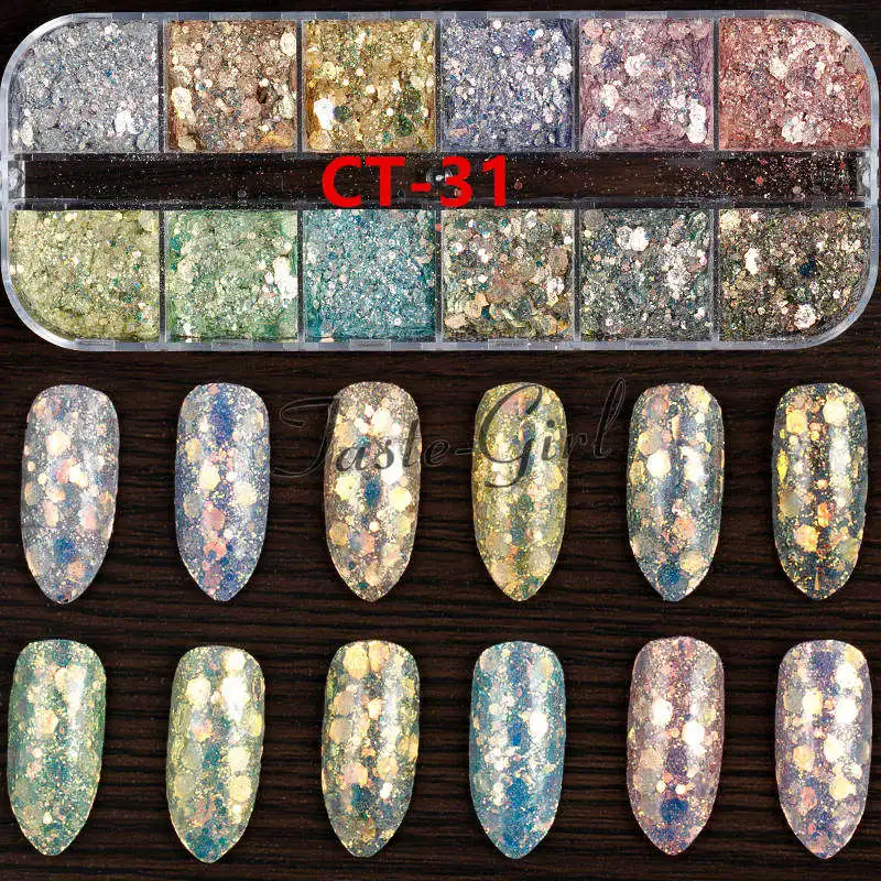 12 цветов/набор Алюминиевый неправильный голографический Блестящий Порошок для ногтей красочные хлопья маникюрные ногти блестки зеркальные блестки - Цвет: CT-31